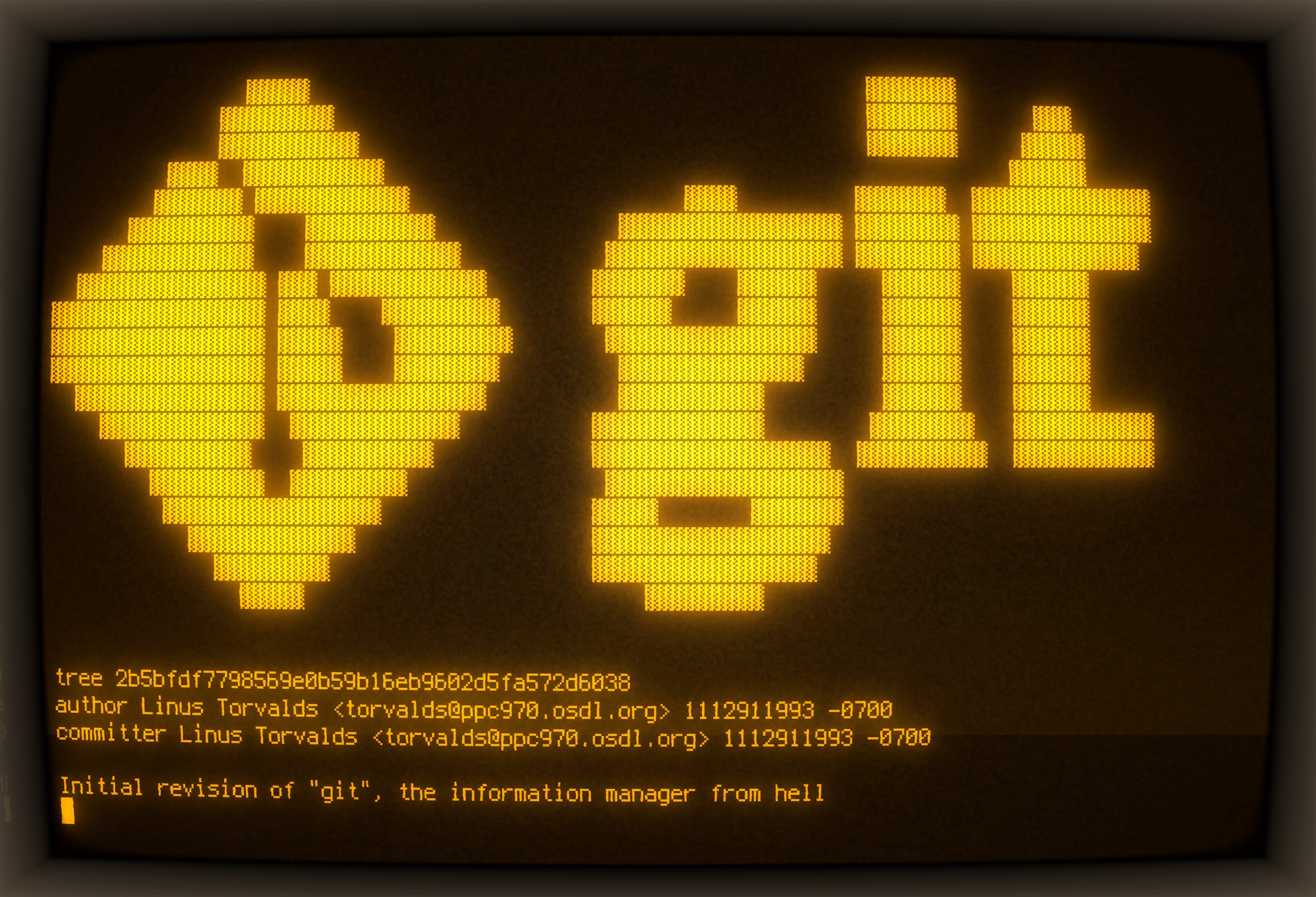 Ambient terminal displaying the first commit of Git and a Git logo